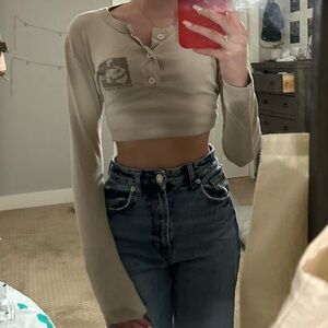 Women's Beige Long Sleeve Crop Top